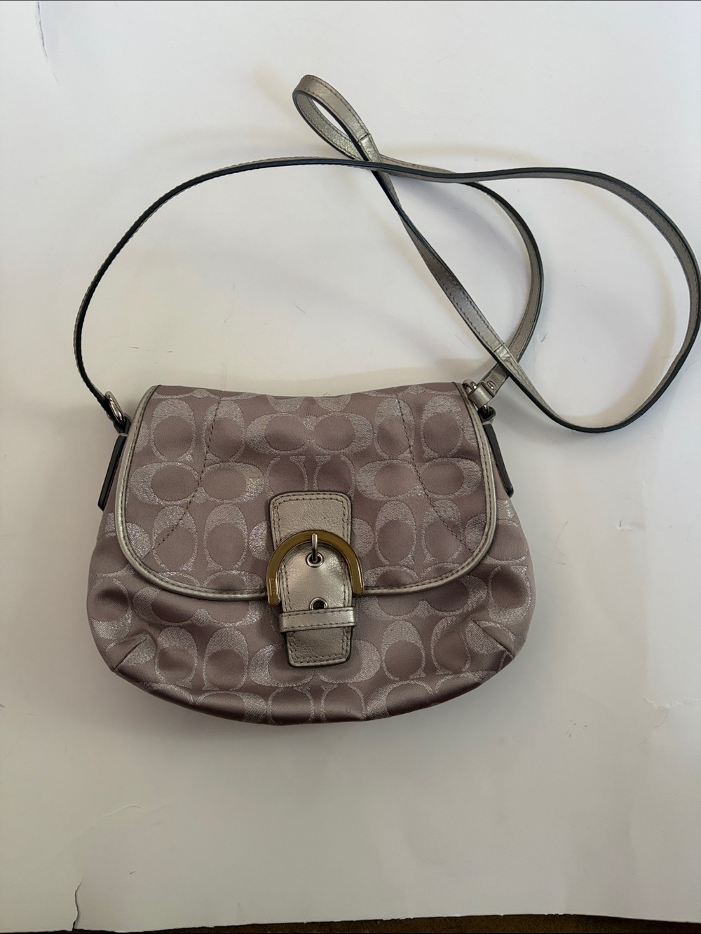 Coach Metallic Silver Soho Buckle Flap Crossbody Bag